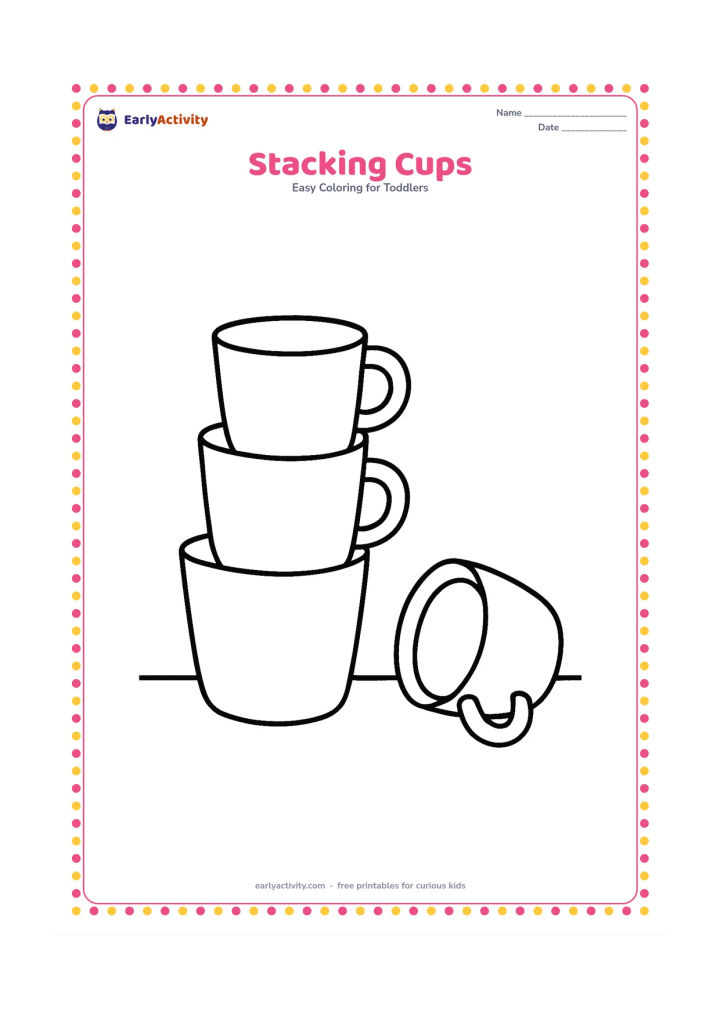 Colouring page: Three large toy cups are stacked from biggest to smallest, with a fourth cup lying beside them. Add a simple floor line beneath the toys.