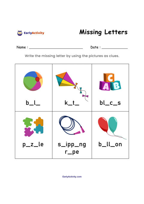 Worksheet with six picture clues for ball, kite, blocks, puzzle, skipping rope and balloons, each paired with a word missing letters.