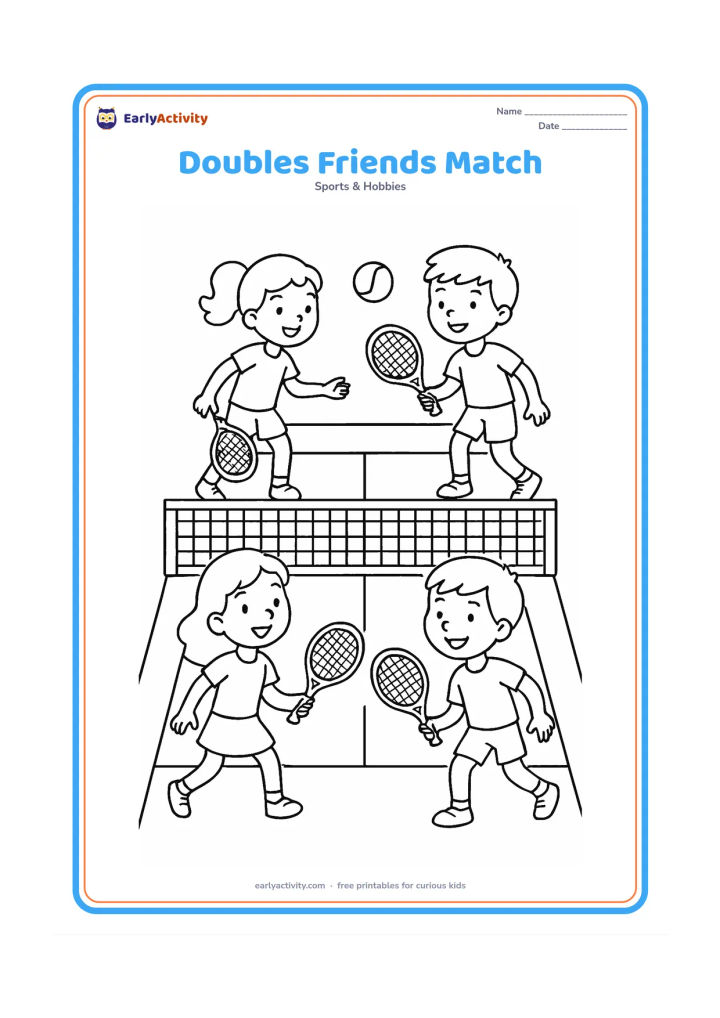 Colouring page: Four children play a doubles match, two on each side of the net, with rackets raised, one ball in flight, and the full doubles court markings.