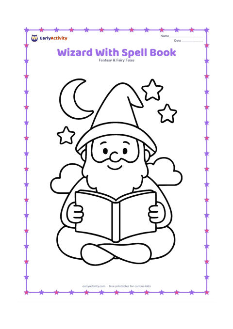 Colouring page: A friendly wizard sits cross-legged holding an open spell book with completely blank pages. Add a small crescent moon, three large stars and a simple rounded cloud behind the wizard.