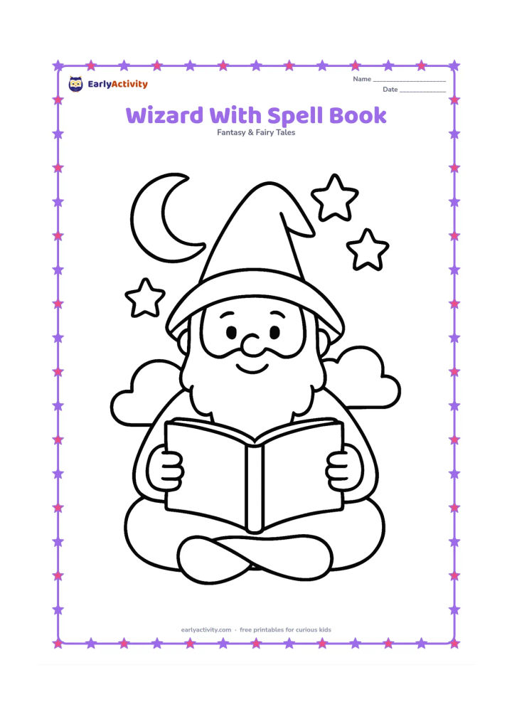 Colouring page: A friendly wizard sits cross-legged holding an open spell book with completely blank pages. Add a small crescent moon, three large stars and a simple rounded cloud behind the wizard.