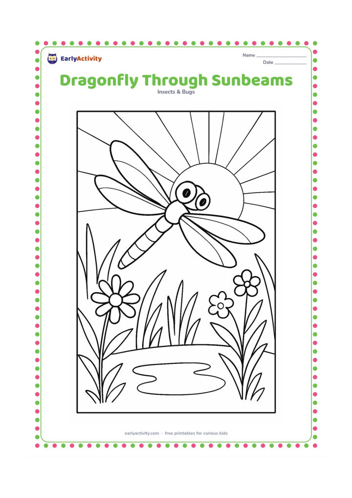 Colouring page: A dragonfly flies through a garden clearing with broad sunbeam shapes, tall grasses, flowers, and a small puddle. Include clear body segments, large eyes, and two pairs of wings in a…