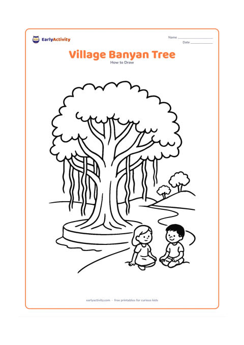 Worksheet: Show a broad banyan tree with a thick trunk, hanging aerial roots, a low circular platform and two children sitting nearby. Add a simple Indian village path and distant trees.