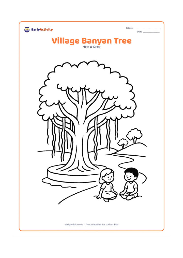 Worksheet: Show a broad banyan tree with a thick trunk, hanging aerial roots, a low circular platform and two children sitting nearby. Add a simple Indian village path and distant trees.