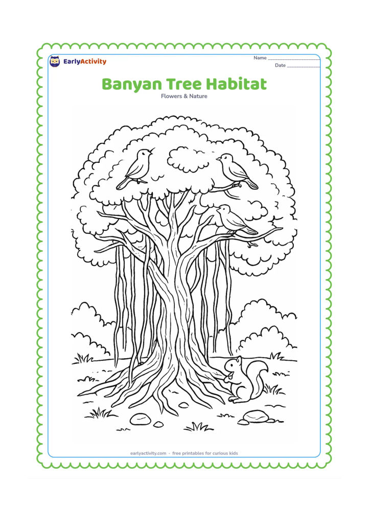 Colouring page: Draw a detailed banyan tree with a broad canopy, twisting trunk, multiple aerial roots reaching the ground, birds in the branches, and a squirrel near the roots. Add grass, stones, and a…