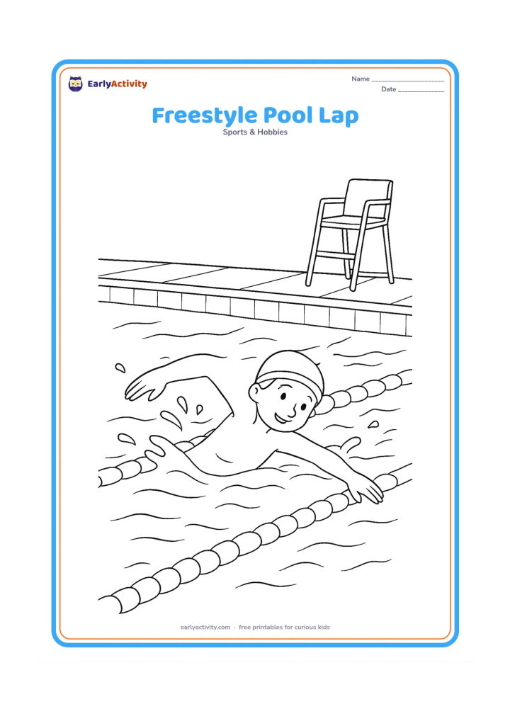 Colouring page: A child swims freestyle through a marked pool lane, one arm reaching forward and the other pulling through the water. Include lane ropes, a tiled pool wall, a lifeguard chair and gentle…