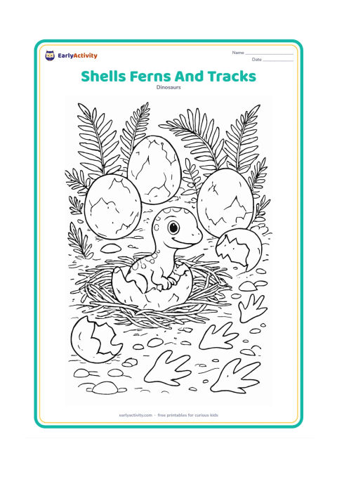 Colouring page: Create a detailed prehistoric ground scene filled with several egg shells, fern fronds, nest fibres, stones, and overlapping dinosaur footprints. Place one intact egg and one tiny…