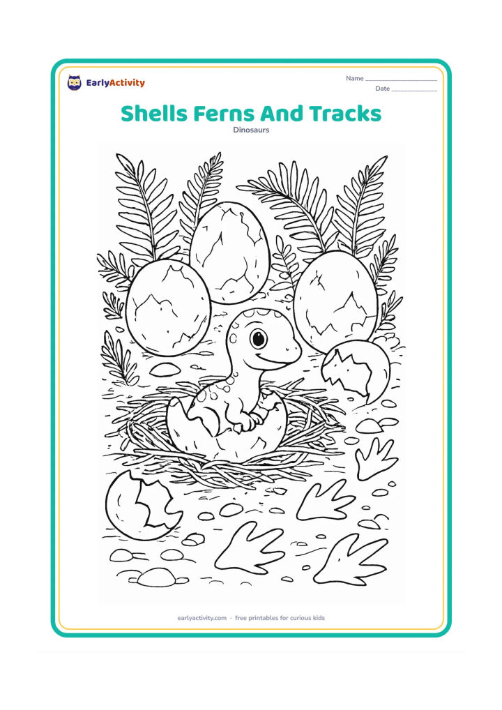 Colouring page: Create a detailed prehistoric ground scene filled with several egg shells, fern fronds, nest fibres, stones, and overlapping dinosaur footprints. Place one intact egg and one tiny…