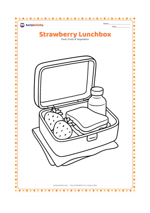 Colouring page: Draw an open lunchbox containing strawberries, a sandwich, and a small water bottle, with a cloth napkin underneath and no marks or writing on any container.