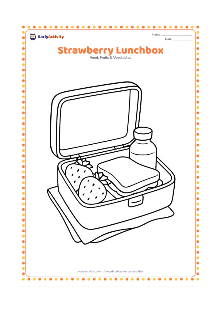 Colouring page: Draw an open lunchbox containing strawberries, a sandwich, and a small water bottle, with a cloth napkin underneath and no marks or writing on any container.