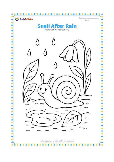 Colouring page: A small snail moves along a wet garden path after rain, passing a puddle, two leaves and a drooping flower with a few raindrops still falling. Include a curved shell pattern and several…