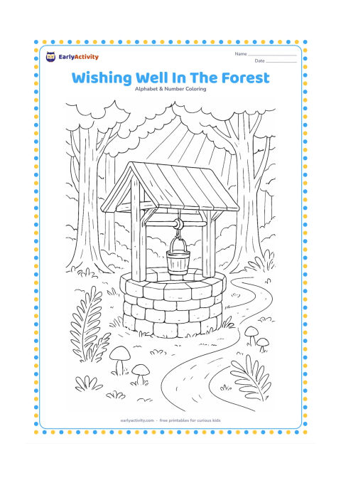 Colouring page: Draw an old stone wishing well in a peaceful forest clearing, with a wooden roof, pulley, hanging bucket, winding path, ferns, mushrooms, and sunbeams through tall trees. Keep the mood…