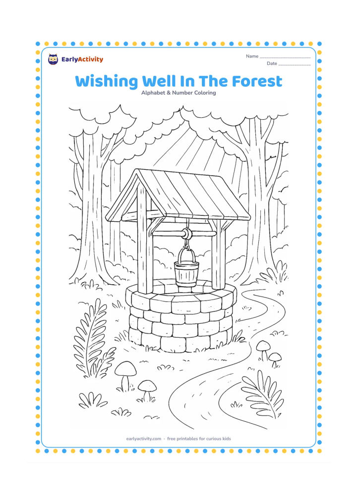 Colouring page: Draw an old stone wishing well in a peaceful forest clearing, with a wooden roof, pulley, hanging bucket, winding path, ferns, mushrooms, and sunbeams through tall trees. Keep the mood…