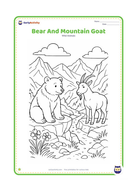 Colouring page: A mountain bear pauses on a rocky ledge while a mountain goat stands nearby; include alpine flowers, cliffs, distant peaks, and a narrow trail.