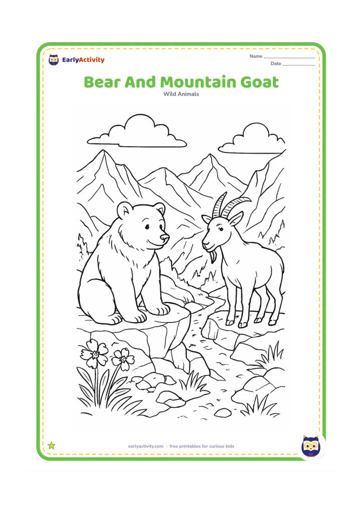 Colouring page: A mountain bear pauses on a rocky ledge while a mountain goat stands nearby; include alpine flowers, cliffs, distant peaks, and a narrow trail.