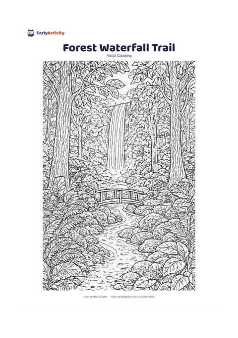 Colouring page: A woodland path leading toward a tall waterfall, with layered tree trunks, ferns, mossy rocks, broad leaves and a small footbridge over the stream. Show the waterfall in the middle…