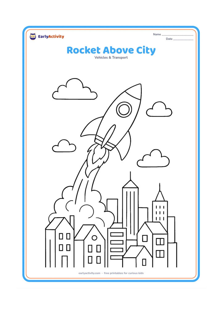 Colouring page: Draw a rocket ascending above a city skyline with varied rooftops, a launch plume and a few clouds, viewed from a wide side composition.