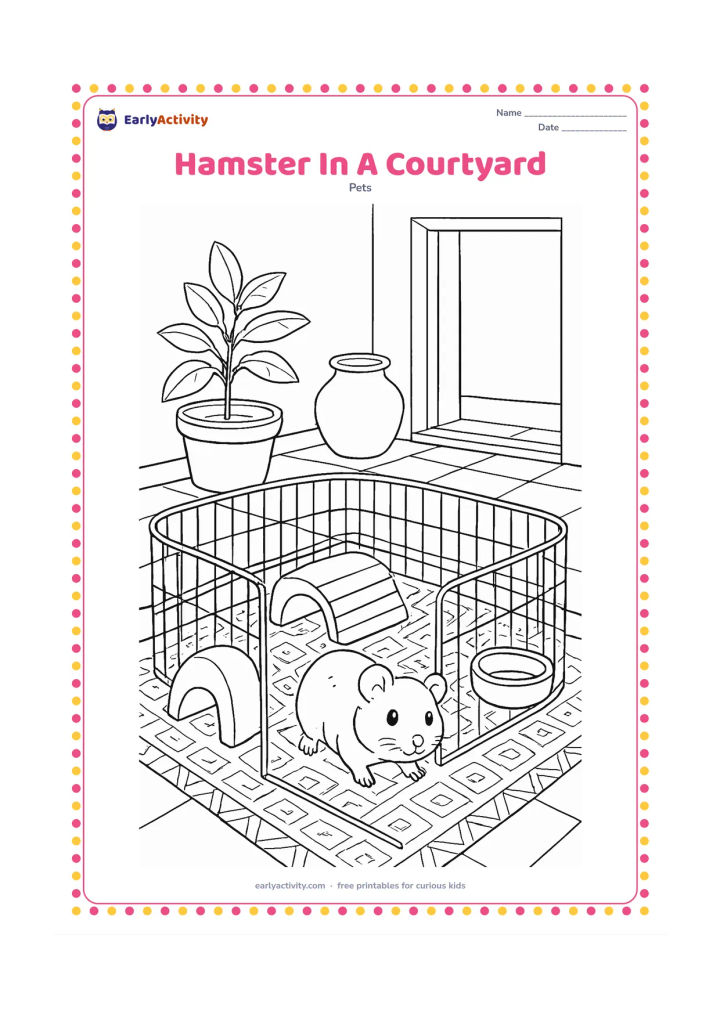 Colouring page: A hamster explores a secure playpen on an Indian courtyard veranda, surrounded by a patterned floor mat, potted tulsi plant, clay pot and open doorway. Include a tunnel, wooden bridge…