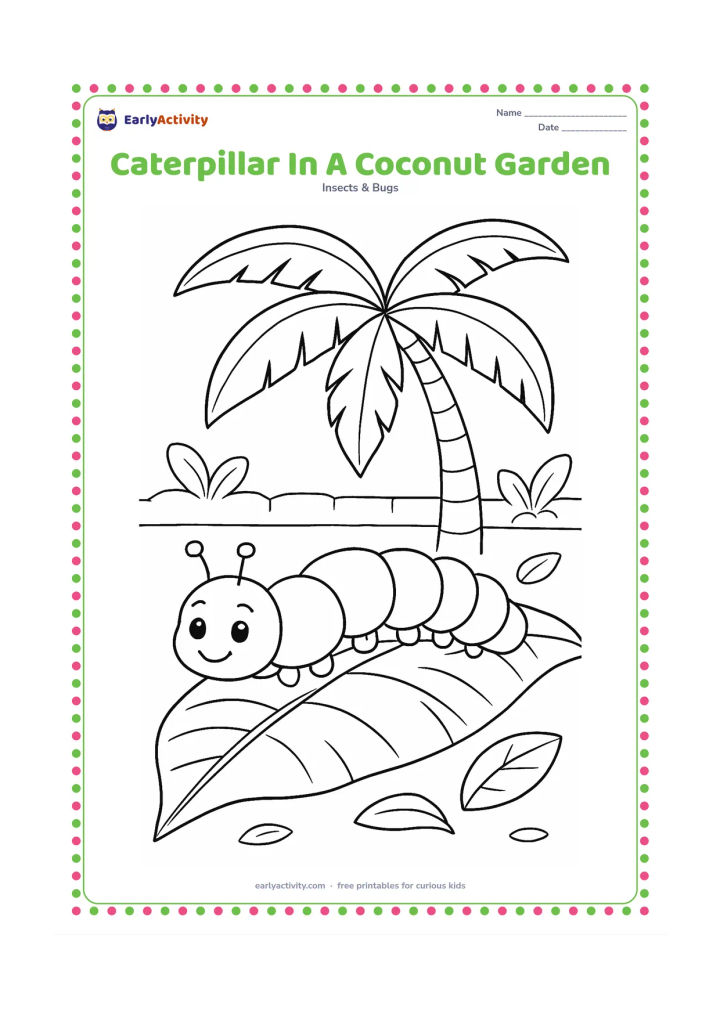 Colouring page: Draw a caterpillar crawling across a large tropical leaf beneath a coconut palm, with a few fallen leaves and a low garden wall in the distance. Keep the scene friendly and uncluttered.
