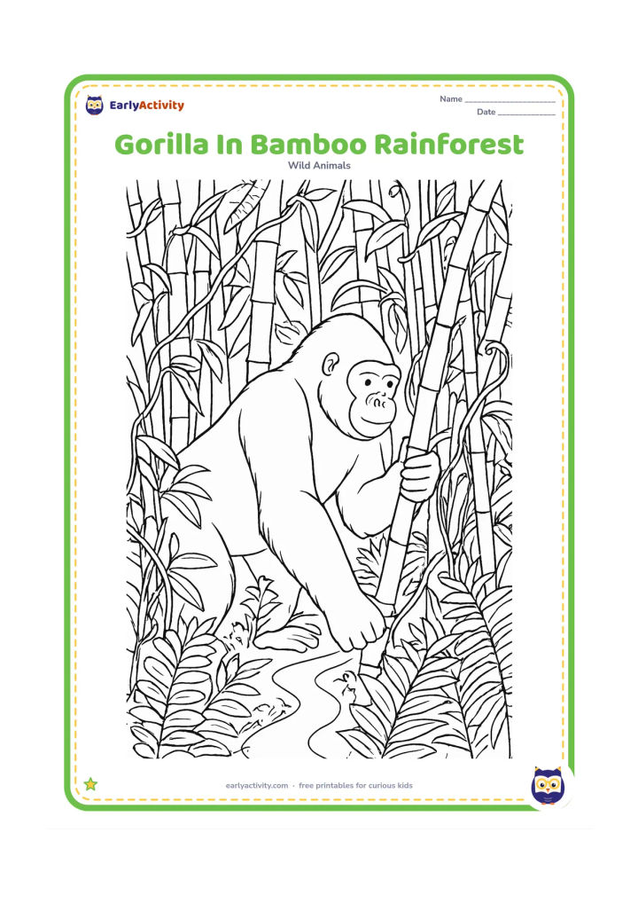 Colouring page: A gorilla pushes gently through a dense bamboo grove, with overlapping stems, curled leaves, vines and ferns surrounding its body. Add a narrow winding path into the background.