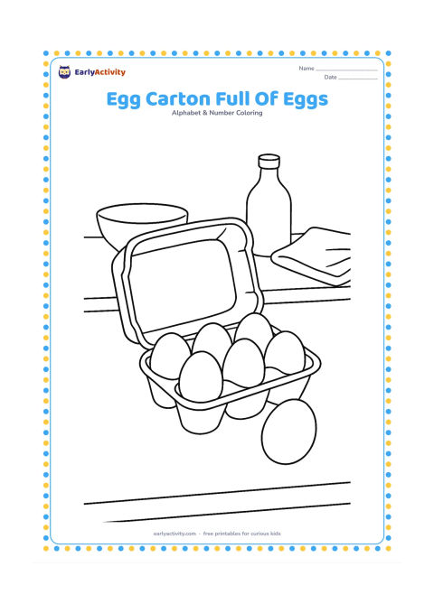 Colouring page: Draw an open carton holding six large eggs, with one egg resting beside it. Place the carton on a kitchen counter with a simple bowl and cloth in the background.