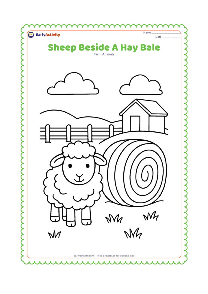 Colouring page: A sheep stands beside a large round hay bale in a fenced field, with a few grass clumps and a small farm shed in the distance. Show simple curved lines on the hay bale.