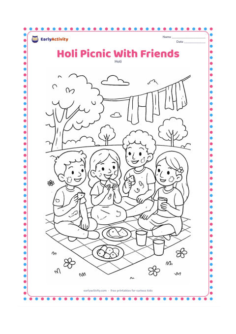 Colouring page: Four children sit on a picnic cloth in a park after playing Holi, sharing gujiya, fruit and cups of water. Show trees, spring flowers and a few drying scarves in the background.