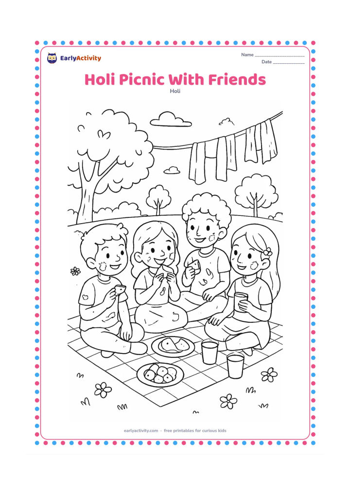 Colouring page: Four children sit on a picnic cloth in a park after playing Holi, sharing gujiya, fruit and cups of water. Show trees, spring flowers and a few drying scarves in the background.