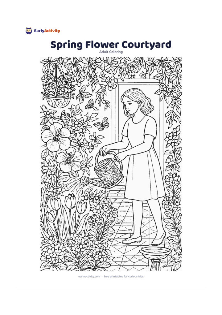 Colouring page: Draw a person watering a courtyard garden in spring, surrounded by jasmine, hibiscus, tulips, marigolds, butterflies, hanging pots, and a small birdbath. Include a patterned watering can…