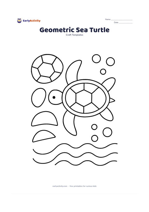 Worksheet: Create a sea turtle from separate geometric outlines: a large oval shell, diamond shell panels, oval flippers, a circle head and small triangle tail. Place the pieces near an assembled…