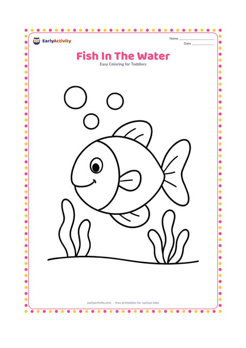 Colouring page: Draw one large smiling fish swimming among three rounded bubbles and two broad sea plants. Show a curved water line near the bottom of the page.