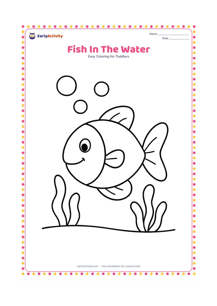 Colouring page: Draw one large smiling fish swimming among three rounded bubbles and two broad sea plants. Show a curved water line near the bottom of the page.