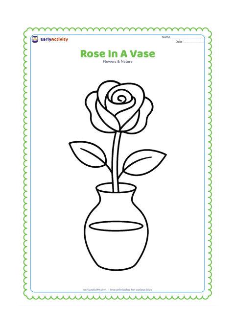 Colouring page: Draw a single rose with a long leafy stem standing in a wide, plain vase. Show the flower, centre, stem, two leaves, and a small amount of water in the vase.