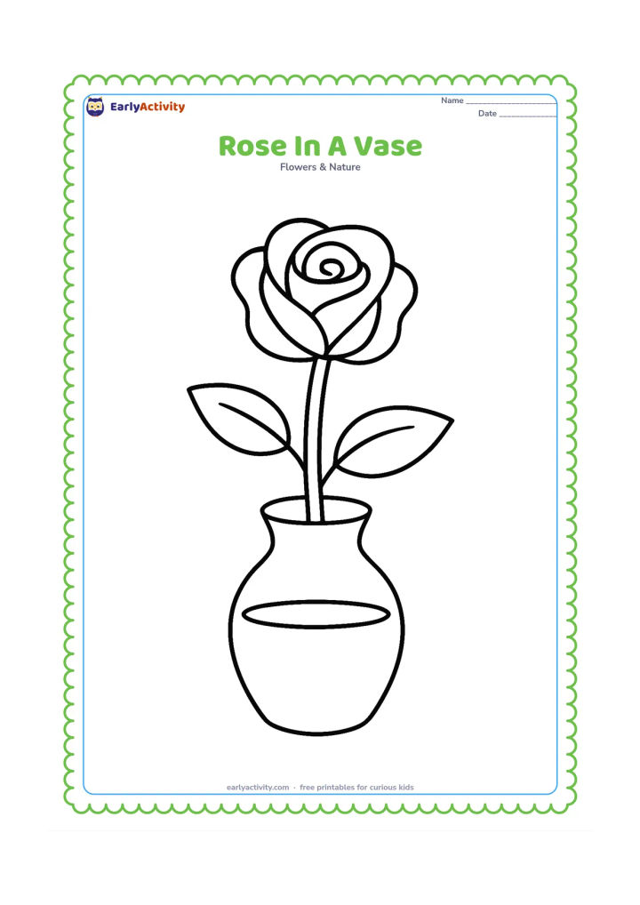 Colouring page: Draw a single rose with a long leafy stem standing in a wide, plain vase. Show the flower, centre, stem, two leaves, and a small amount of water in the vase.