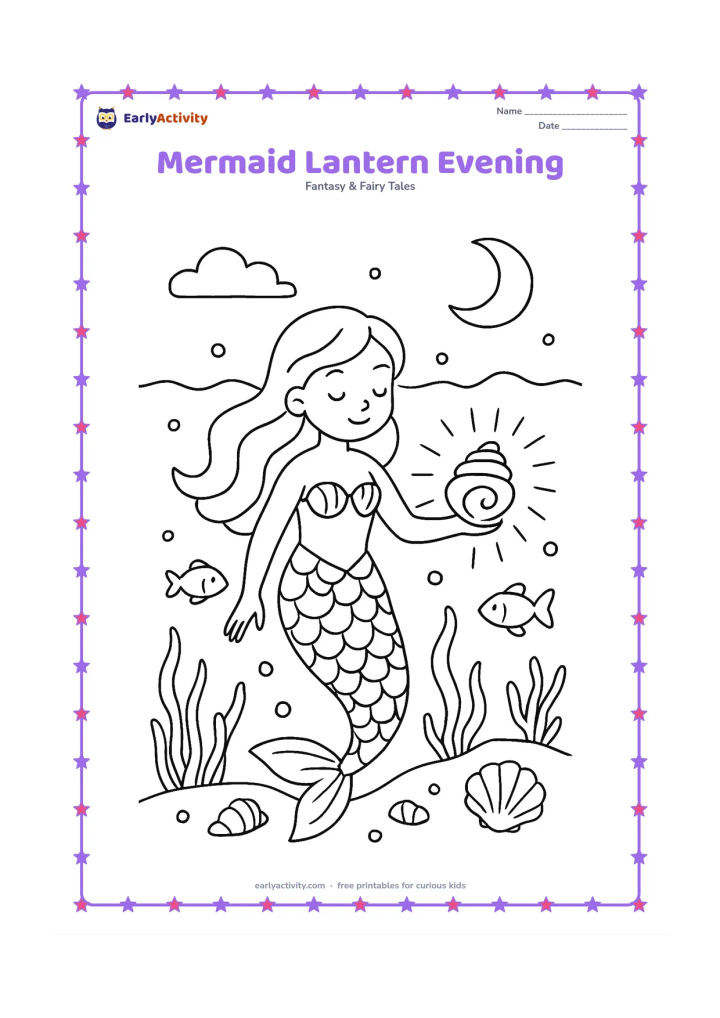 Colouring page: At dusk, a mermaid carries a glowing shell lantern through a quiet underwater garden. Show a crescent moon and twilight sky above the water, plus shells, sea grass, fish and bubbles below.
