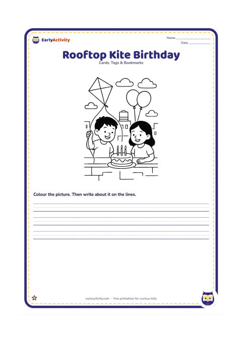 Worksheet: Draw two children on an Indian rooftop sharing a birthday cake while one holds a colourful kite string. Include a low parapet, distant rooftops, water tank, clouds, and two balloons tied…