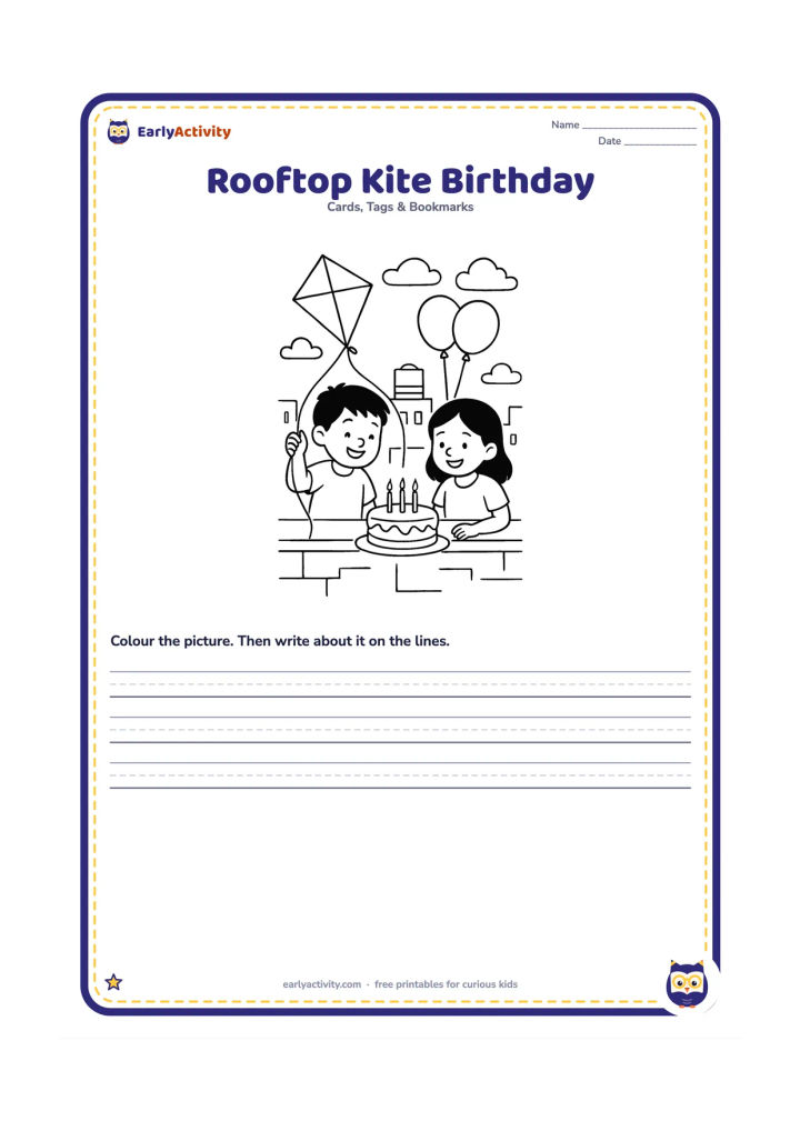 Worksheet: Draw two children on an Indian rooftop sharing a birthday cake while one holds a colourful kite string. Include a low parapet, distant rooftops, water tank, clouds, and two balloons tied…