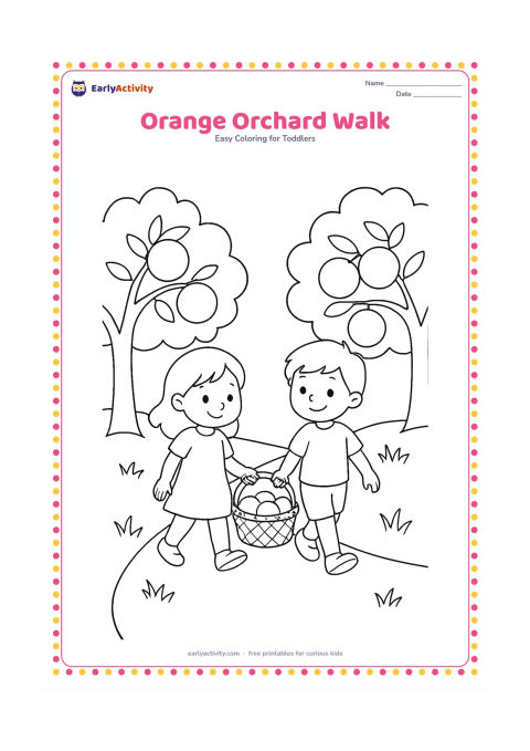 Colouring page: Draw two children walking between two small orange trees, with several large oranges hanging from the branches and a basket carried by one child. Add a simple path and low grass.
