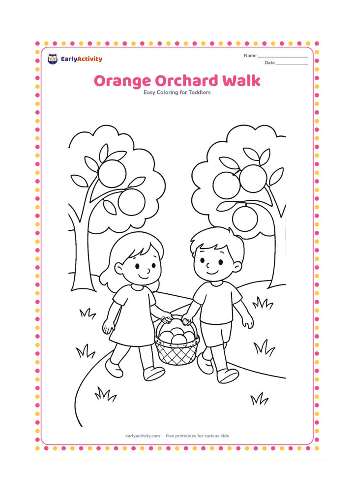 Colouring page: Draw two children walking between two small orange trees, with several large oranges hanging from the branches and a basket carried by one child. Add a simple path and low grass.