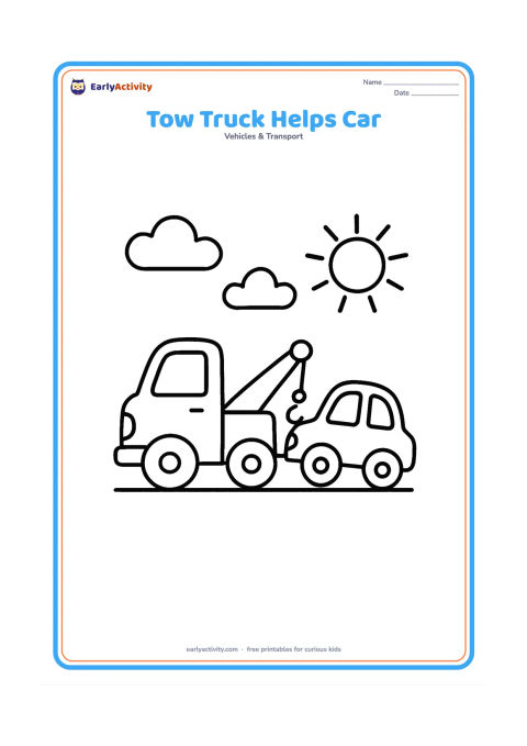 Colouring page: A tow truck gently pulls a small car with a simple tow bar on a flat road. Include two clouds and a sun, keeping both vehicles fully visible.
