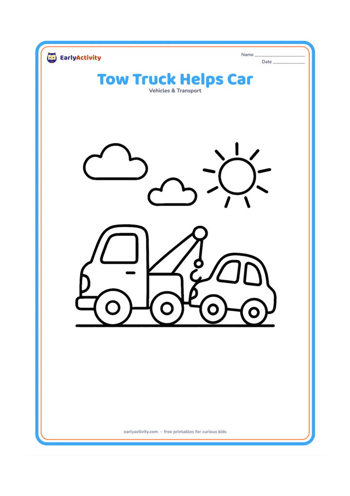 Colouring page: A tow truck gently pulls a small car with a simple tow bar on a flat road. Include two clouds and a sun, keeping both vehicles fully visible.
