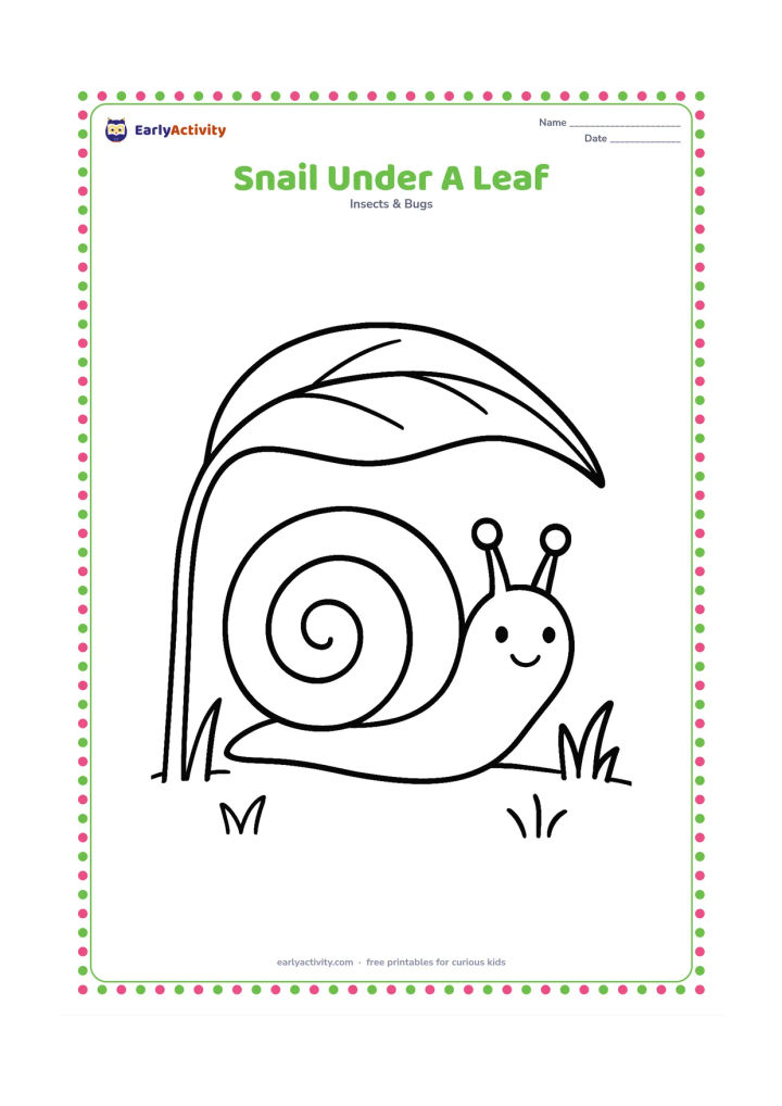 Colouring page: Draw a snail resting beneath one large drooping leaf for shade, with its head and feelers peeking out. Include a few simple grass blades and a small open area.