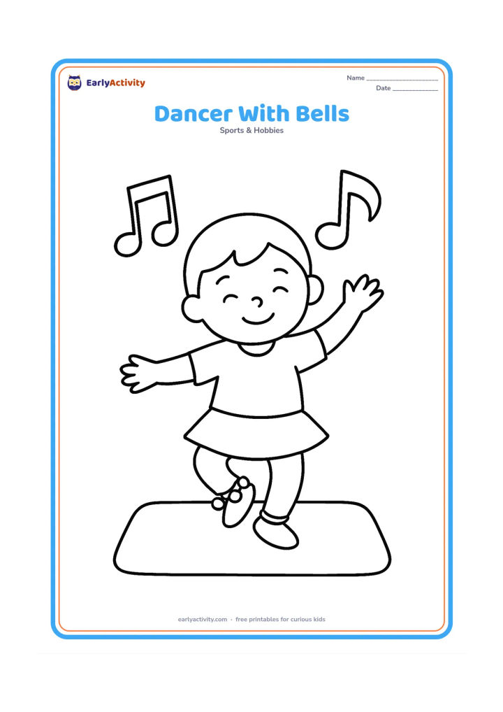 Colouring page: Draw a smiling child in a dance pose with one foot lifted and small ankle bells visible. Add a simple floor mat and two large music notes as decorative shapes, without any writing.