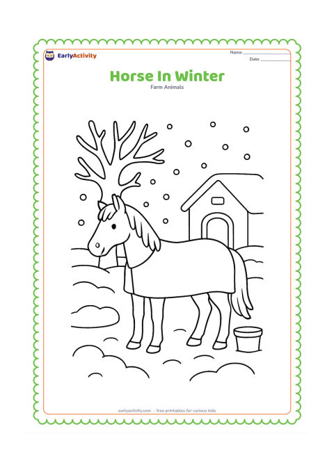 Colouring page: A horse stands in a snowy farm paddock wearing a simple blanket, with a bare tree, a small stable and rounded snow-covered ground. Add a water bucket near the stable.