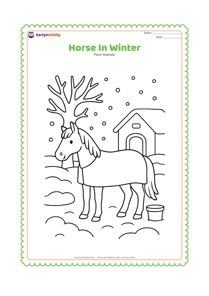 Colouring page: A horse stands in a snowy farm paddock wearing a simple blanket, with a bare tree, a small stable and rounded snow-covered ground. Add a water bucket near the stable.