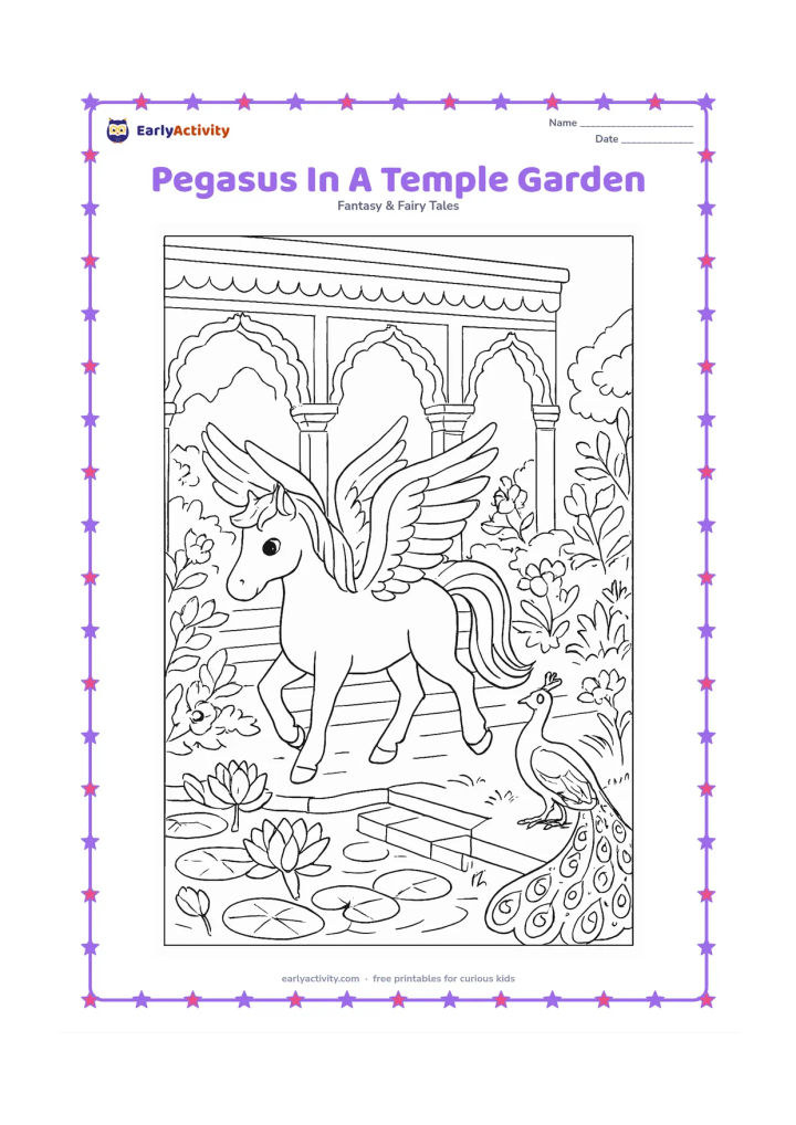 Colouring page: Draw a pegasus walking through a peaceful Indian temple garden with carved-looking but unmarked arches, lotus ponds, flowering plants, stone steps and a peacock nearby. Keep the setting…