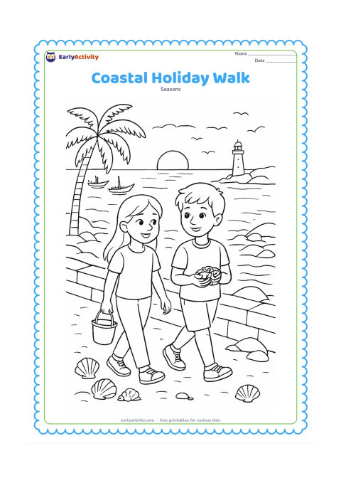 Colouring page: Draw two friends walking along an Indian seaside promenade at golden hour, carrying a small bucket and shell collection. Include fishing boats, palm trees, rocks, gentle waves, a…