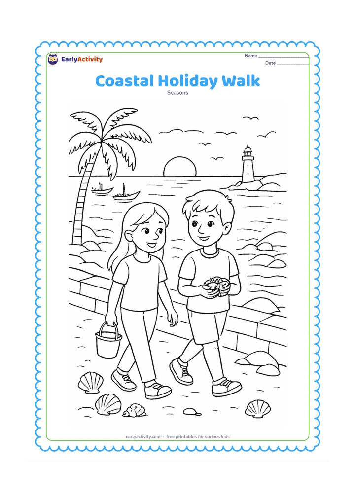 Colouring page: Draw two friends walking along an Indian seaside promenade at golden hour, carrying a small bucket and shell collection. Include fishing boats, palm trees, rocks, gentle waves, a…