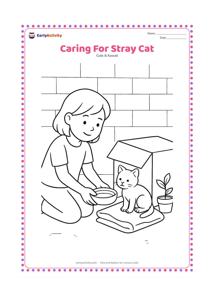 Colouring page: Draw a child kneeling kindly beside a rescued-looking kitten and offering a water bowl, with a covered cardboard shelter, a soft blanket, a small plant and a clean courtyard wall behind.…