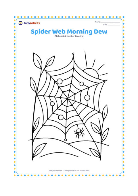 Colouring page: Draw a spider web stretched between garden stems at sunrise, with a small spider climbing one strand and several round dew drops. Include leaves and a low horizon.